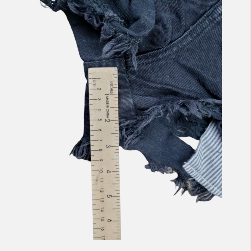 GoGo Jeans USA Cut Off Denim Shorts Size 1 High Rise Black Distressed Patches - Picture 9 of 9